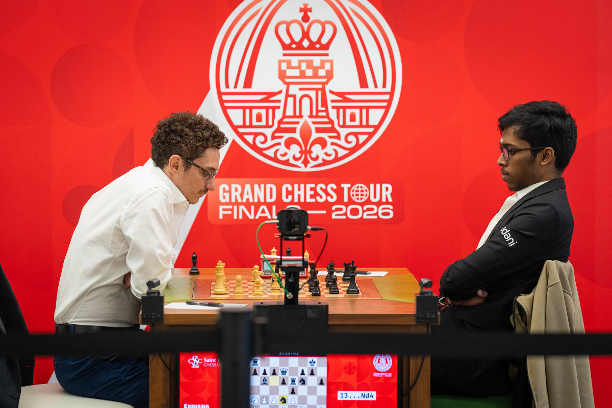 Fabiano Caruana and Praggnanandhaa at the GCT Finals title match