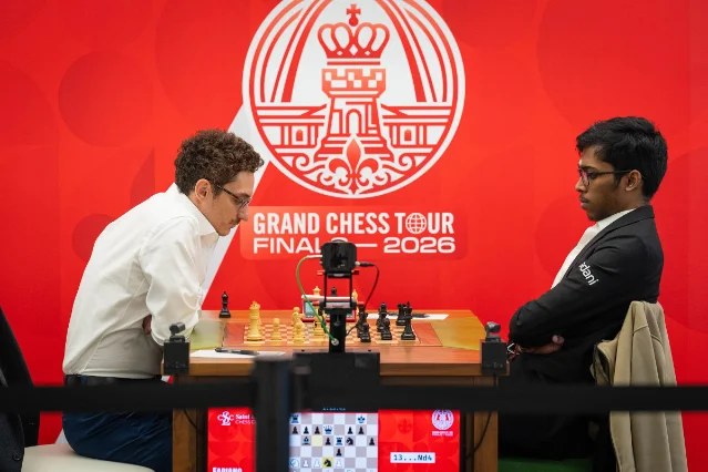 Fabiano Caruana and Praggnanandhaa at the GCT Finals title match