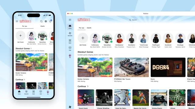 Roblox's Classic theme shown on a phone and in a browser window, both wearing the old logo and typeface
