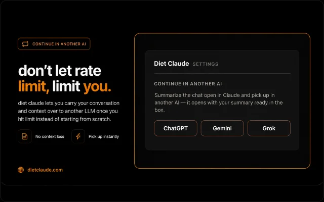 Diet Claude 设置页提供把当前 Claude 对话摘要带到 ChatGPT、Gemini 或 Grok 的按钮