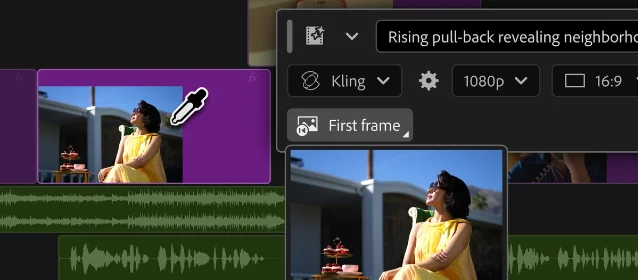 Adobe Premiere Generative Media interface showing an in-timeline panel with prompt entry and Kling model selection