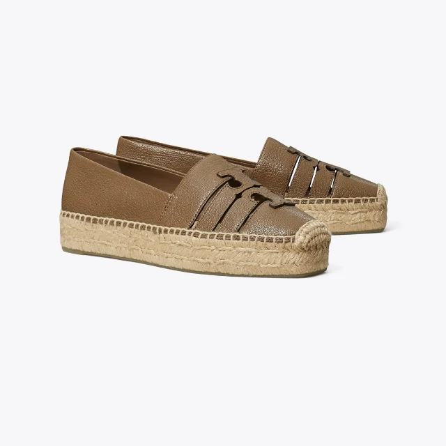 Tory Burch Ines Platform Espadrille in mushroom-brown leather on a woven jute platform sole