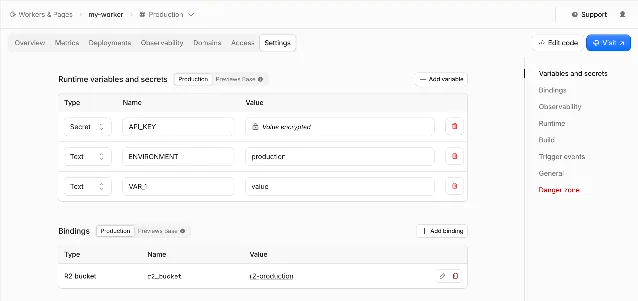 Cloudflare dashboard Settings tab with Production and Previews Base toggles above the runtime variables and secrets table, and again above the bindings table