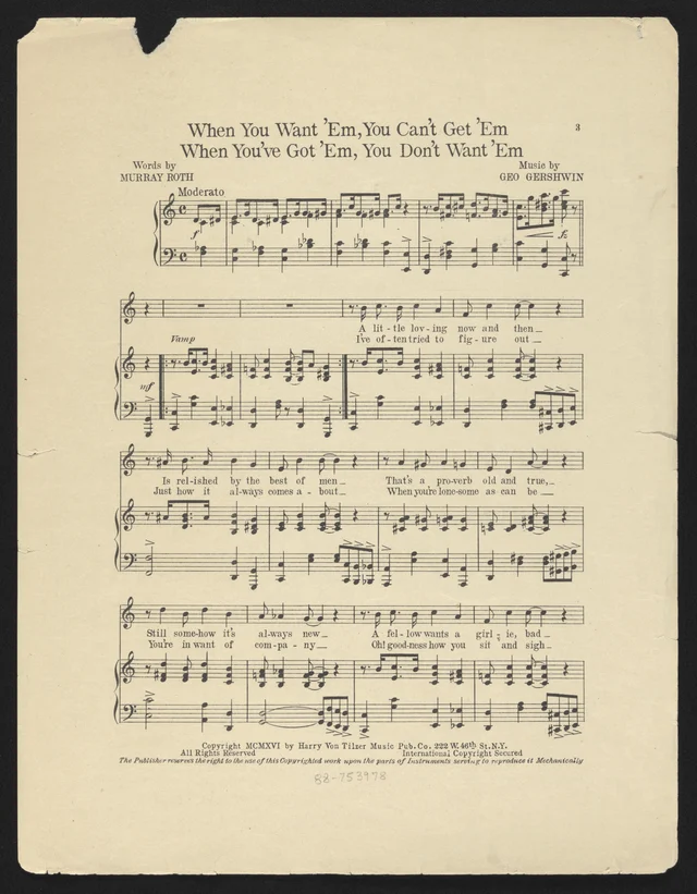 Page 3 of the 1916 vocal score, with the title, composer and lyricist credits, piano accompaniment, and the opening lyric