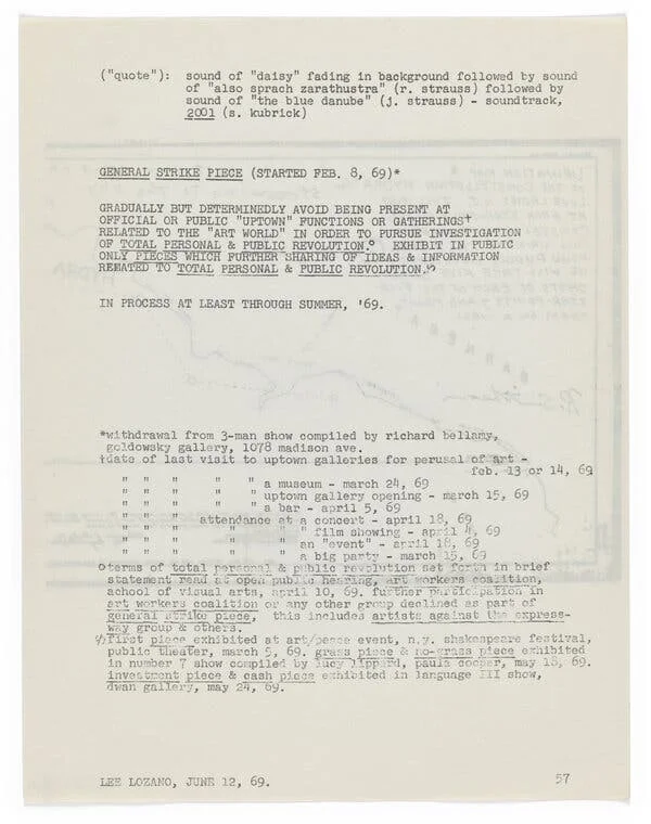 李·洛萨诺《General Strike Piece》（1969）的打字稿页面，列出她开始退出艺术活动的指令和记录