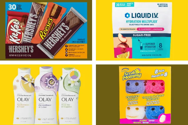 Four items from the new Costco book: Hershey's 30-count candy assortment, Liquid I.V. Hydration Multiplier 30-stick pack, Olay body wash three-pack, and Scrub Mommy scrubber sponges eight-pack.