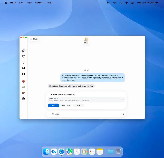 A Muse window on a macOS desktop, showing a request to organize the Downloads folder and a dialog reading "Allow Muse to move files to Trash?" with Allow, Always allow, and Deny buttons