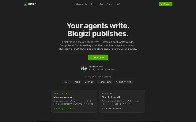 Blogizi 官网首屏：深色页面，页顶导航为 AI Agents CLI、Docs、Blog、Pricing、FAQ，右上角绿色 Get Started 按钮；正中大标题分两行写 Your agents write. Blogizi publishes.，下面副标写 Point Claude, Codex, OpenClaw, Hermes-Agent, or Perplexity Computer at Blogizi — they draft the post, then ship it to your own domain with SEO, OG images, and sitemaps handled automatically.；一枚 Start For Free 按钮下方是创始人卡片，写 Rudolfs (Founder) 与一行 Built by indie dev for indie devs；再往下是一行 WORKS WITH YOUR AGENTS，底下排着 Claude、Codex、OpenClaw、Hermes-Agent、Perplexity Computer 五个标签；最下一排两张卡分别是 AGENTIC PATH（My agent writes it）与 MANUAL PATH（I'll write it myself）
