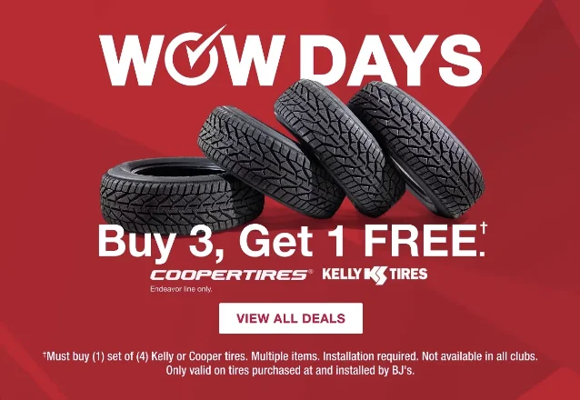 BJ's Wow Days Buy 3 Get 1 FREE tire promotion banner