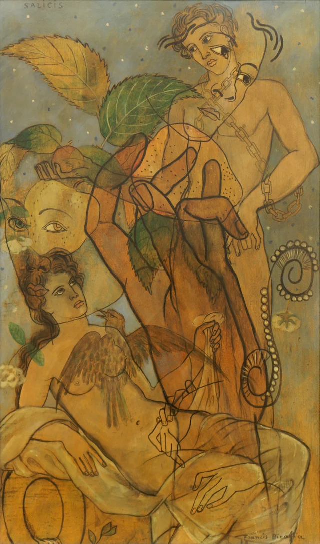 浅色底上一层叠一层的线描人物、树叶与手掌，左上角印着 SALICIS
