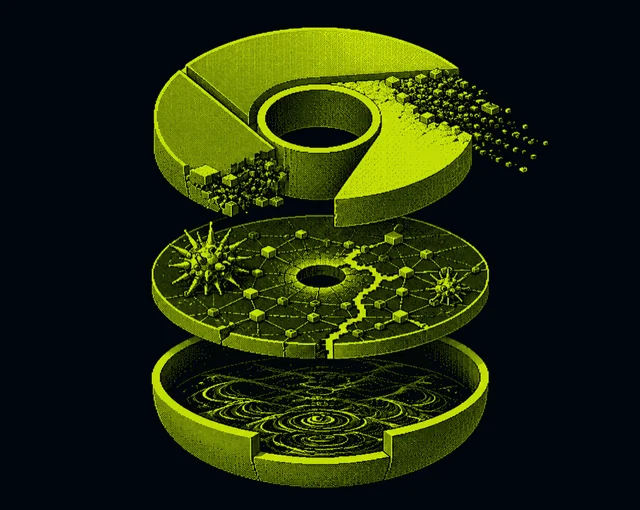 A published three-layer isometric render with one lime-green machined disc above a second, cracked disc marked with starburst nodes, above a third disc filled with fine concentric lines