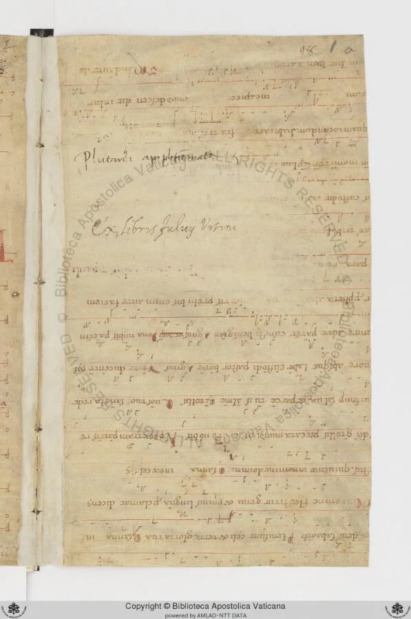 Troparium fragment f.1r — c. 1091–1110 Northern Italian parchment leaf showing adiastematic neumatic notation above Latin chant text, with Fulvio Orsini's ownership inscription "Ex libris Fulvij Vrsini" written across the middle