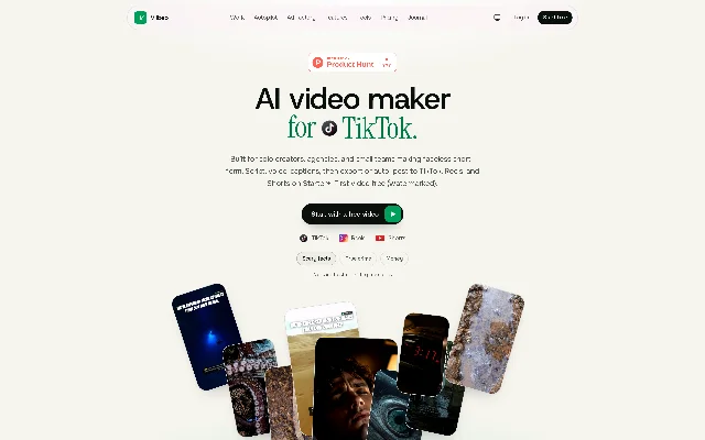 Viibeo 官网首屏：顶部导航依次是 Work、Autopilot、Ad Factory、Features、Tools、Pricing、Journal，右上角是 Log in 与 Start free；正中大标题 AI video maker for TikTok（TikTok 一词配着音符图标），下面一行副标写 Built for solo creators, agencies, and small teams making faceless short-form. Script, voice, captions, then export or auto-post to TikTok, Reels, and Shorts on Starter+. First video free (watermarked).；一枚黑色 Start with a free video 按钮，按钮下方是 TikTok、Reels、Shorts 三枚平台标签与 Scary facts、True crime、Money 三个赛道预设；再往下是八张斜插在一起的 9:16 竖版成片缩略图，页顶另有一枚 FEATURED ON Product Hunt 徽章