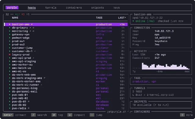 purple host list showing 32 hosts across production, staging, and infra tags, with connection detail panel on the right