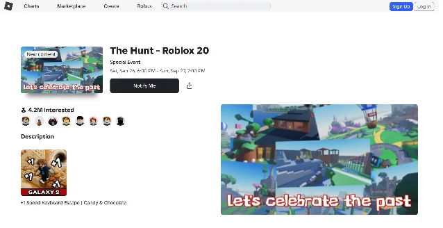 Roblox's events page listing The Hunt – Roblox 20 as a special event, with a Notify Me button, 4.2 million interested and the venue named as +1 Speed Keyboard Escape | Candy & Chocolate