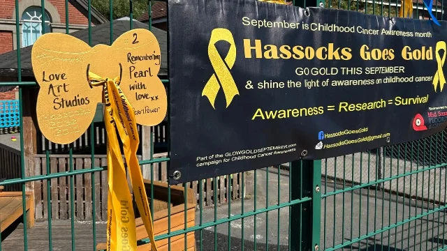 A gold bow tied to a green metal gate beside a black banner reading Hassocks Goes Gold, with a gold ribbon and the words Awareness equals Research equals Survival