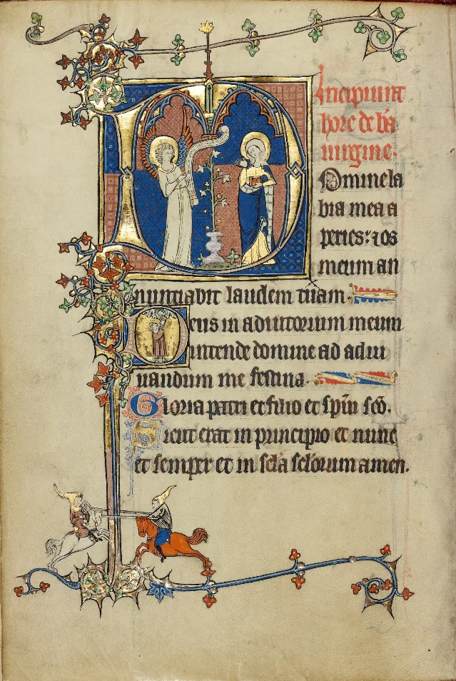 Initial D: The Annunciation and Initial D: A Young Man Praying to Christ in the Clouds, folio 37v of the Ruskin Hours