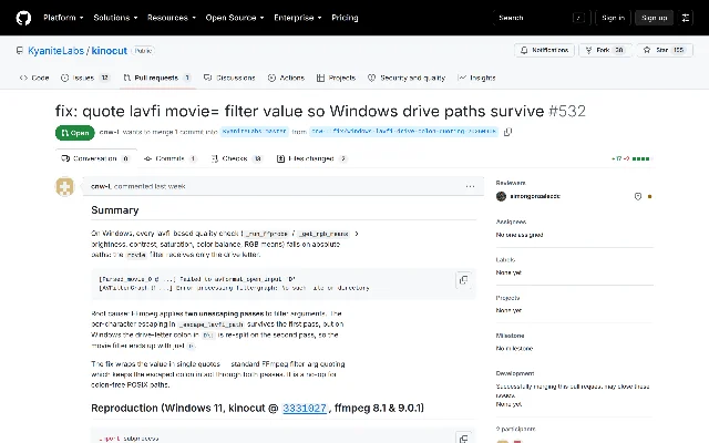 kinocut 的 PR #532 页面,标题为 fix: quote lavfi movie= filter value so Windows drive paths survive,状态 Open,作者 cnw-L,提交 1 次,改动 +17 −2,正文开头列出 lavfi 质量检查在 Windows 绝对路径上的报错