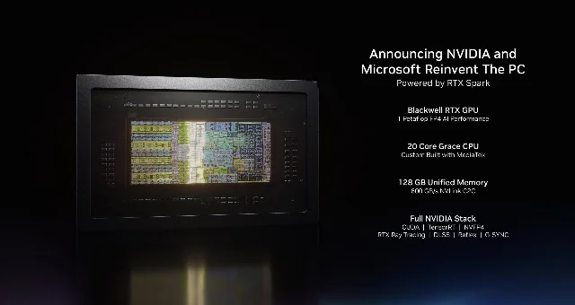 NVIDIA RTX Spark spec slide: 1 petaflop FP4, 20-core Grace CPU, 128 GB unified memory