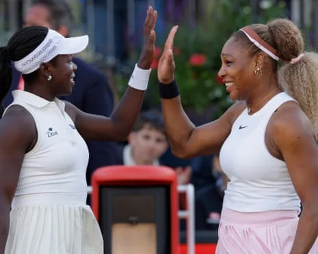 Serena Williams and Victoria Mboko celebrate their first-round doubles win at Queen's Club