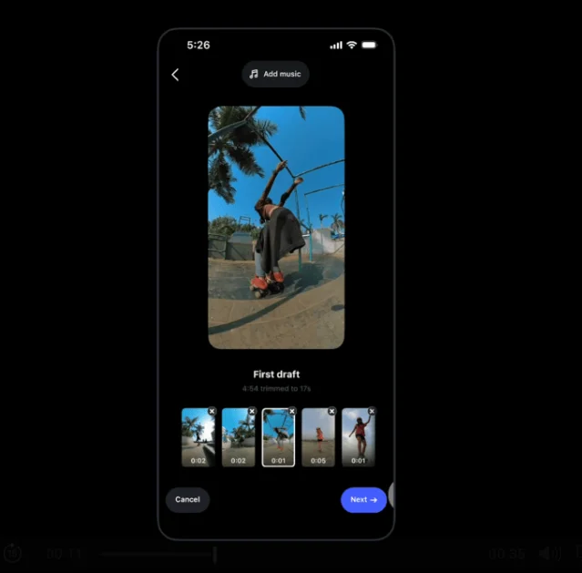 Instagram First Draft 界面截图,竖屏成片预览下方排列多段素材缩略图,并有添加音乐入口