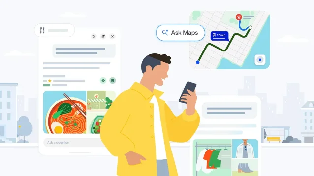 Google官方插画中的Ask Maps对话卡片、餐饮卡片与路线卡片