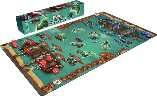 Six-Sided Seas playmat, dice, and box laid out as a complete game.