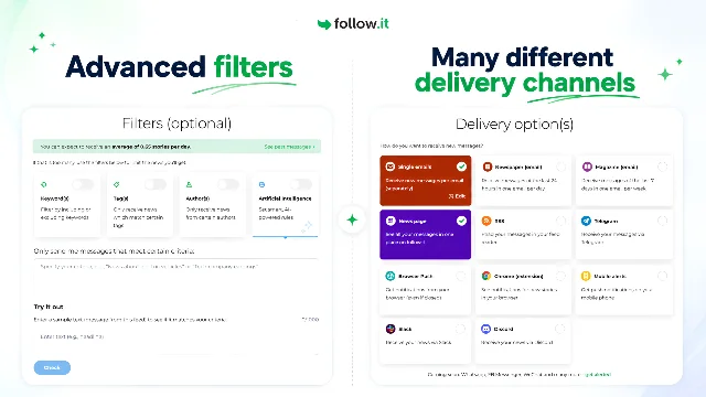 follow.it's filters panel beside its delivery-channel grid, showing keyword, tag, author and AI filters and ten delivery options