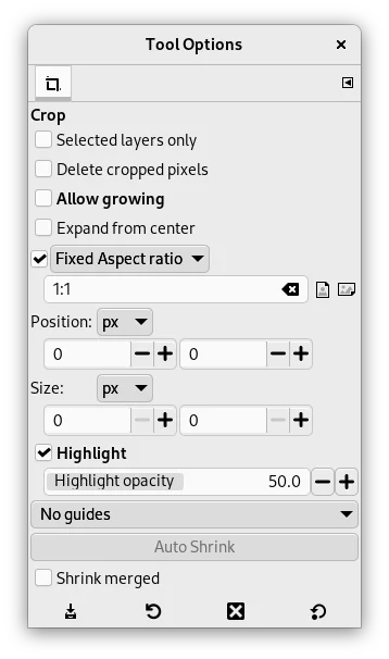 GIMP 工具选项面板截图,展示了裁剪工具的各项参数,包括 Fixed Aspect Ratio(固定比例为 1:1)、裁剪框在画布中的精确位置(Position)、像素尺寸(Size)以及高亮透明度等微调项