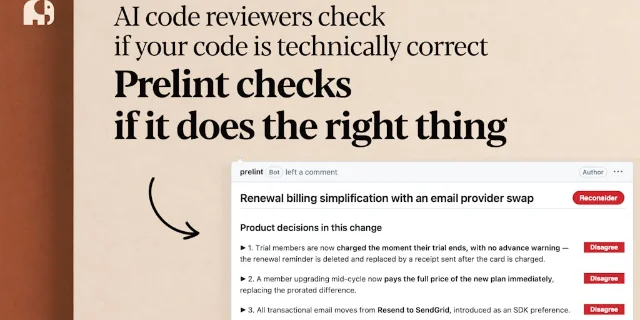 Prelint's product visual contrasts technically correct code with code that does the right product thing