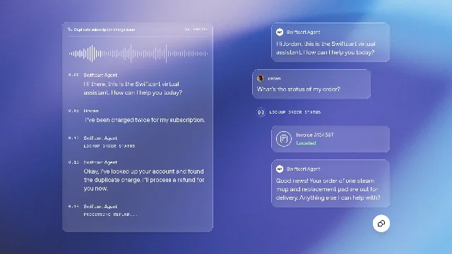 OpenAI Presence 展示语音与聊天代理处理订单查询和退款的产品界面