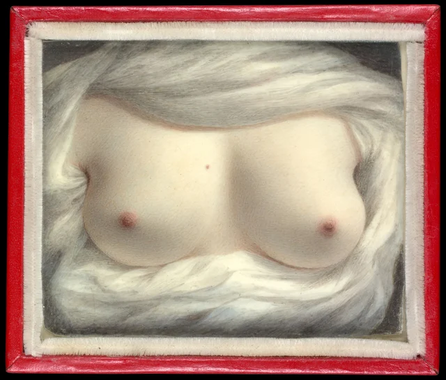 A small painting of two pale breasts surrounded by white cloth, a tiny mole above and between them