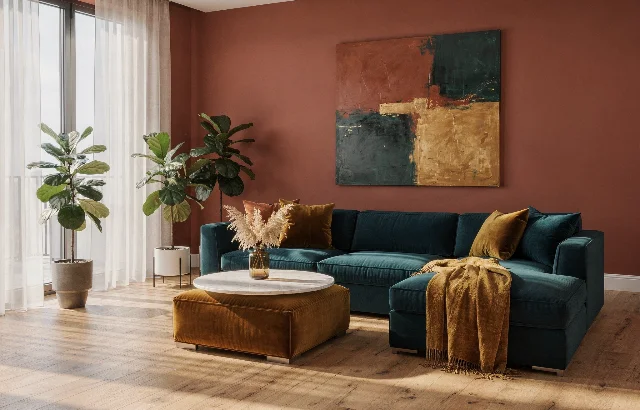 A living room with terracotta walls, a teal sofa, and mustard cushions and throws, each surface assigned its own hex code
