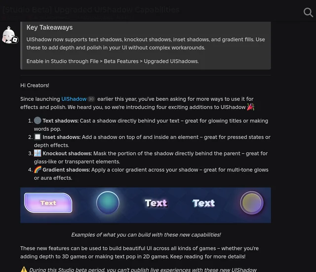 The announcement's key-takeaways box above a strip of four UI examples
