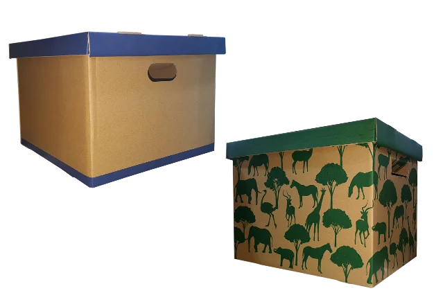 A stack of cardboard storage boxes