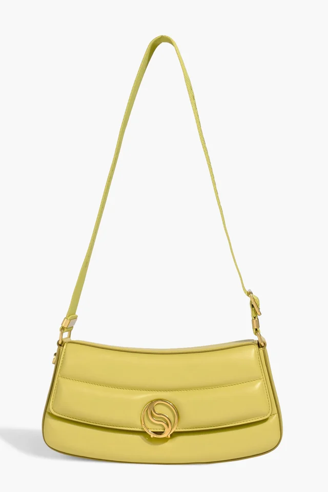 Front studio shot of the Stella McCartney S-Wave Quilted Shoulder Bag in yellow canvas with a gold metallic logo emblem