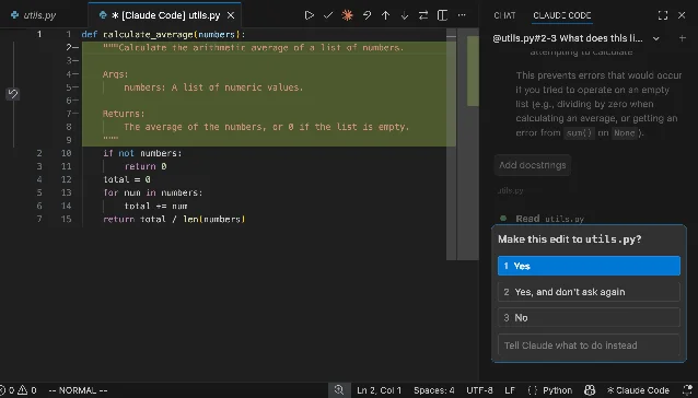 Claude Code 在 VS Code 中展示 side-by-side diff