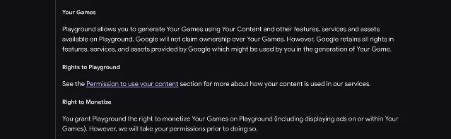 The Playground Additional Terms of Service showing the Your Games clause, where Google declines ownership of the game and retains all rights in assets it provides, followed by the Right to Monetize heading