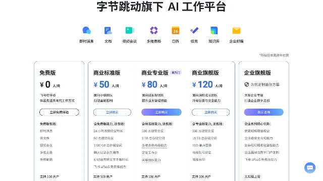 飞书官网定价页上的套件版本与人均月费