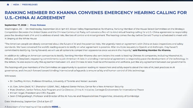 美国众议院中国问题特别委员会新闻稿页面截图,标题为 RANKING MEMBER RO KHANNA CONVENES EMERGENCY HEARING CALLING FOR U.S.-CHINA AI AGREEMENT,页面列出听证会时间与五位证人