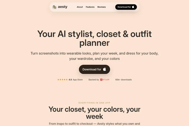 The Aesty homepage, headed "Your AI stylist, closet & outfit planner", with a download button, 4.8 App Store stars, an Antler logo and a 60,000+ downloads figure