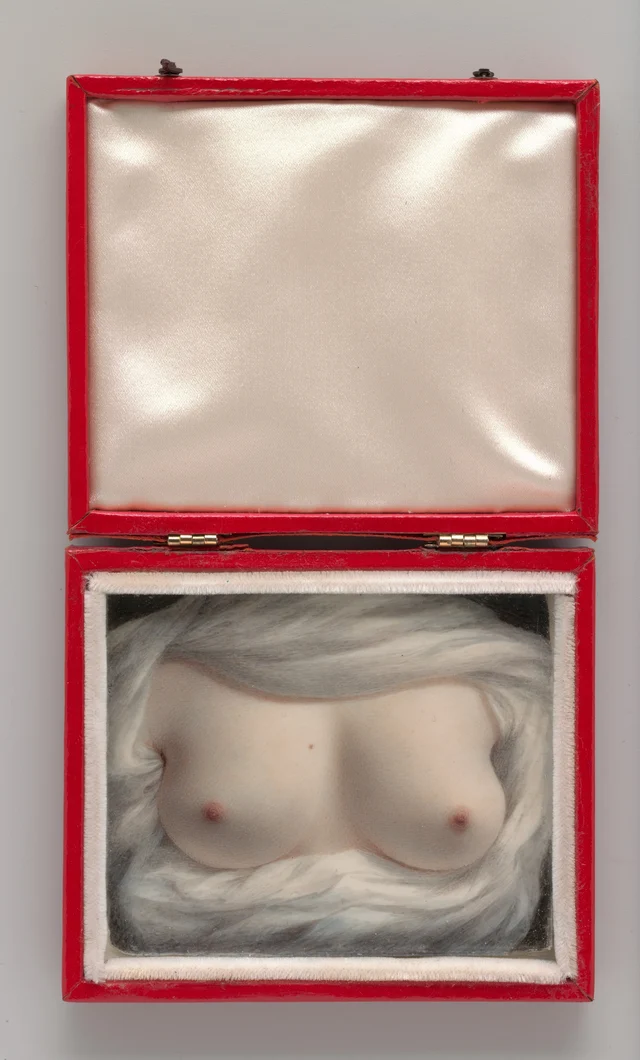 An opened red leather case, its lid lined with pale silk, the miniature lying in the lower half
