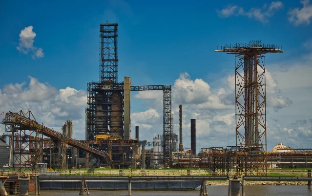 Oil refinery complex against a dramatic sky — crude oil processing capacity underpins global supply risk