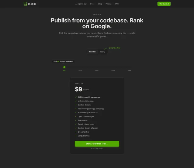 Blogizi 官网定价区块：标题 Publish from your codebase. Rank on Google.，副标写 Pick the pageview volume you need. Same features on every tier — scale when traffic grows.；Monthly / Yearly 切换带一条 2 months free 的绿色指引；下方一条滑杆标着 10k、100k、200k、500k、1M+ 五个刻度，滑杆上方写着 Up to 10k monthly pageviews；再下面是唯一一张 STARTER 卡，标价 $9/month，清单里列着 10,000 monthly pageviews 到 CLI publishing 共十一项，按钮写 Start 7-Day Free Trial，按钮下方一行小字写 $0.00 due today.