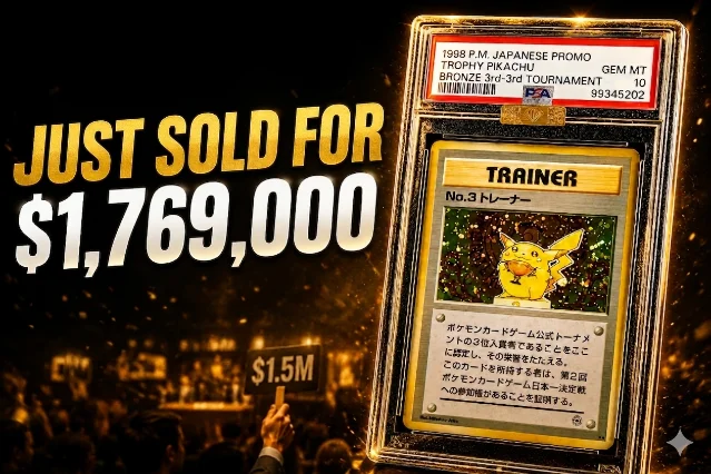 主体:PSA 评级保护壳内的 1998 日本季军铜奖奖杯皮卡丘卡,成交价$1,769,000,背景为竞价场景|来源:Chase Society