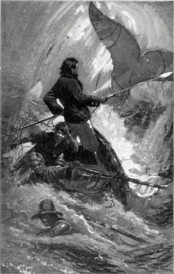A harpooneer stands in a wave-battered whaleboat, lance raised, as the whale breaches beside him