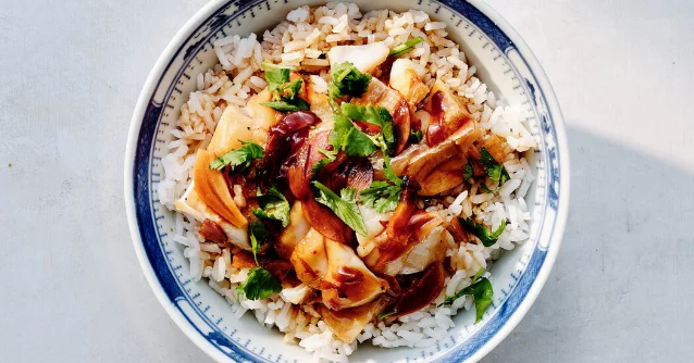 A blue and white bowl filled with steamed white rice, topped with caramelized white fish in dark savory sauce and fresh cilantro