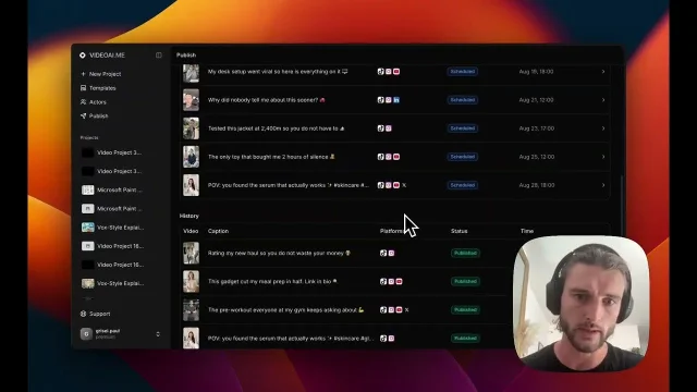 VIDEO AI ME 的 Publish 页面，展示排期队列与已发布视频