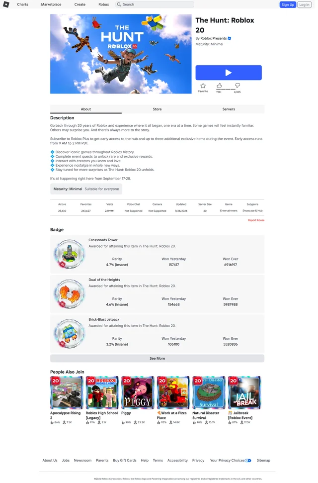Roblox's page for The Hunt: Roblox 20 on the morning of 26 September 2026, with its counters, update stamp and badge list