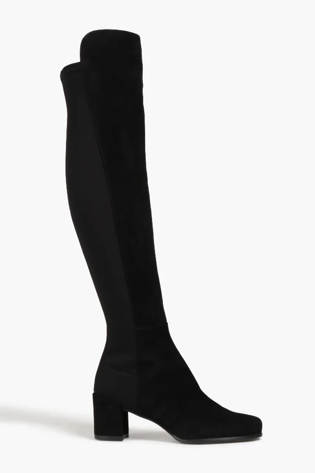 Stuart Weitzman City over-the-knee boots in black suede and microstretch, photographed from the side